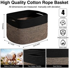 4 PCS Storage Baskets Shelves Woven Cotton Rope 12.5×9.1×7.9 Inch Black Jute
