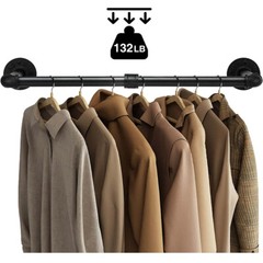 2pcs Wall Mount Pipe Clothes Rack Heavy Duty Black Garment Hanging Bar 4pcs Hook