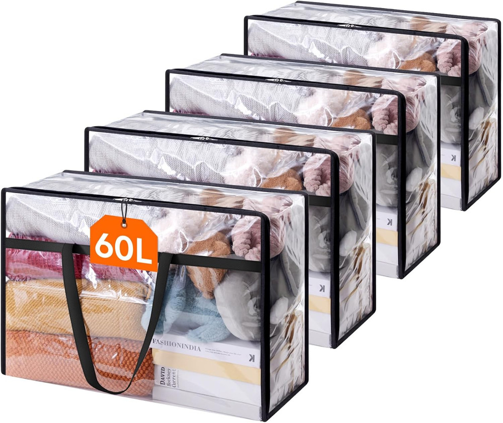 4-Pack Clear Storage Bags, 60L Zippered Organizers for Bedding and Comforters
