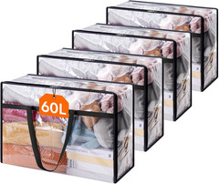 4-Pack Clear Storage Bags, 60L Zippered Organizers for Bedding and Comforters