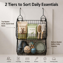 2-Tier Metal Dog Storage Organizer – Wall-Mounted Pet Toy Basket (Black)