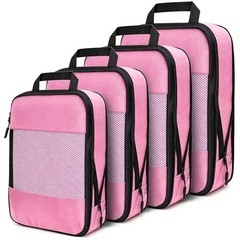 Compression Packing Cubes 4-Set Pink Zip Luggage Organizer for Travel Space