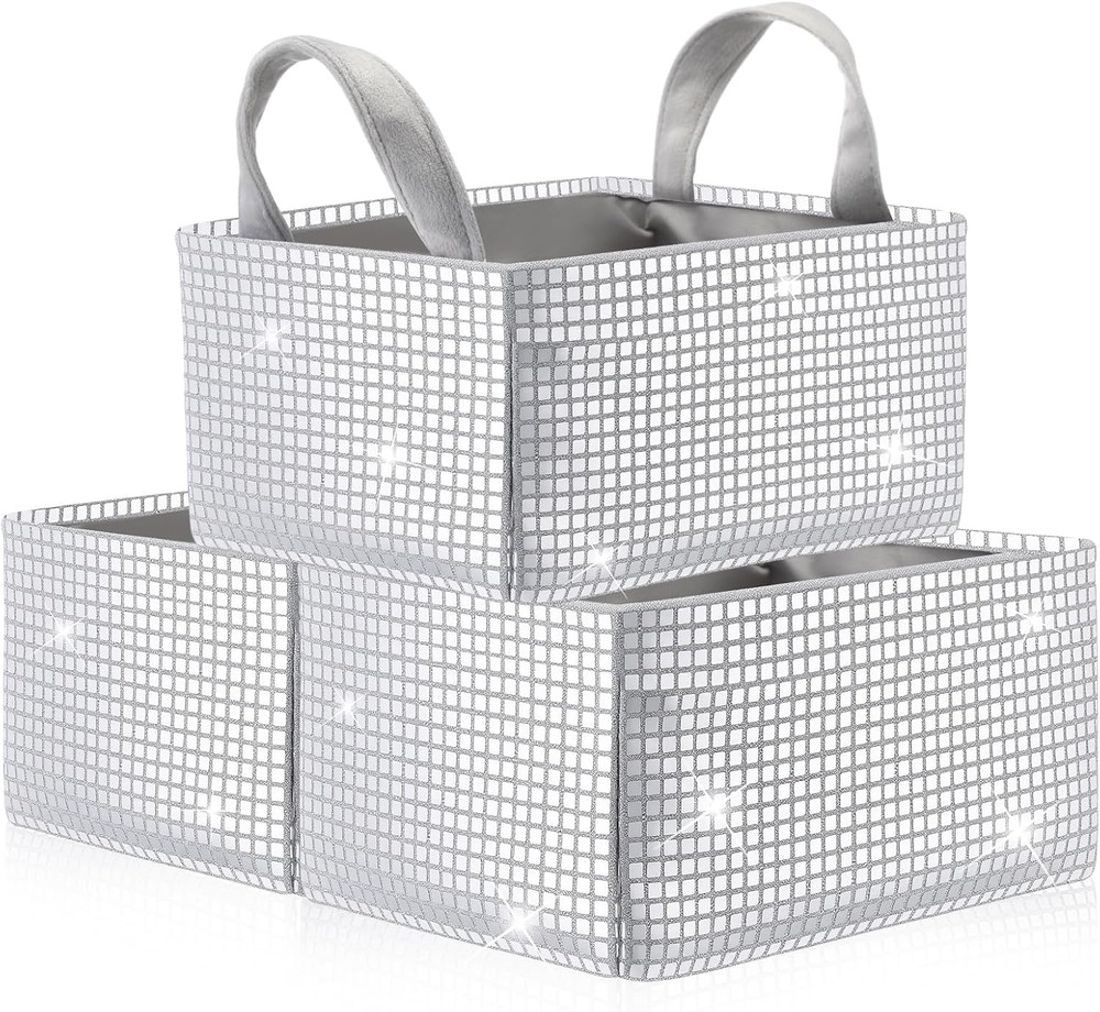 Disco Ball Storage Baskets Set – 3 Glitter Silver Foldable Bins with Handles