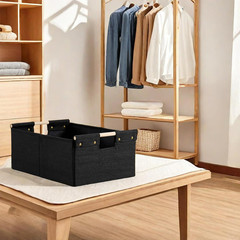 2PCS Black Cotton Linen Storage Bins with Wooden Handles – Foldable & Washable