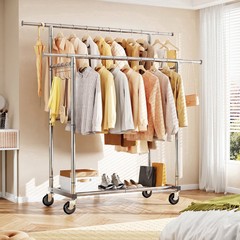 HOKEEPER 450lbs Heavy Duty Double Rails Clothes Rack with Shelves Wheels Silver