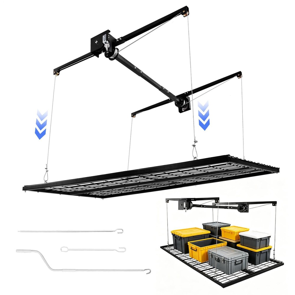 4×8 FT Overhead Garage Storage Rack with Safety Lock, Ceiling Mounted Lift Syste