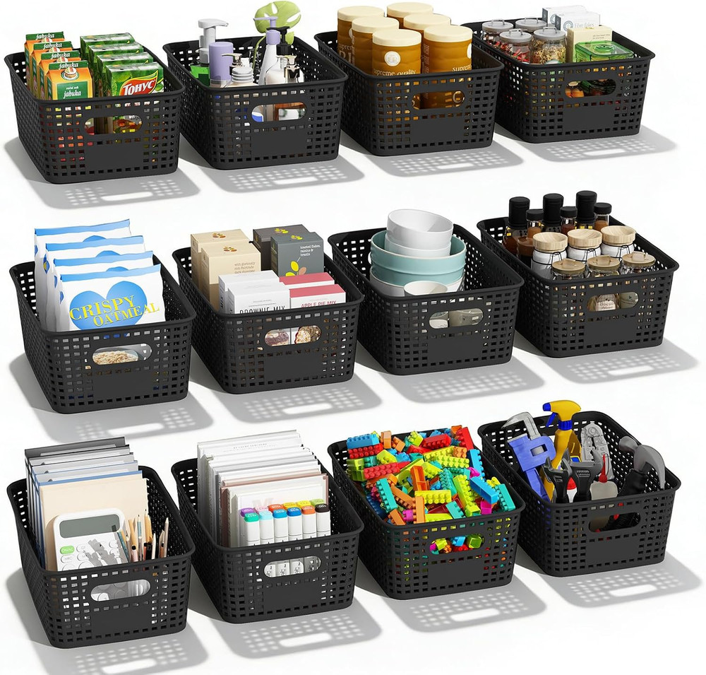12-Pack Black Plastic Storage Bins with Handles for Home & Classroom Organizatio