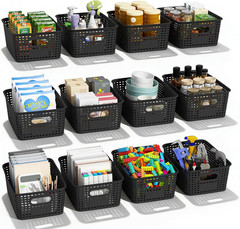 12-Pack Black Plastic Storage Bins with Handles for Home & Classroom Organizatio