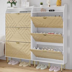 MODERN SHOE CABINET ORGANIZER WITH 3 FLIP DRAWERS ADJUSTABLE SHELVES SIDE HOOKS