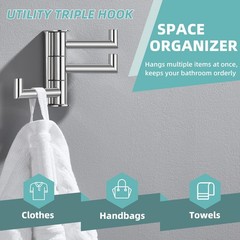Polished Chrome 3 Arms Swivel Towel Hook 304 Stainless Steel Wall Mount