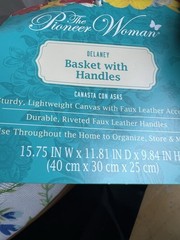 2 Pioneer Woman Patchwork Medley Canvas Basket Faux Leather Handles & Bottom New