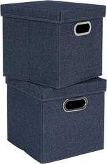Denim Collapsible Cotton Storage Boxes with Lid & Handle – Set of 2