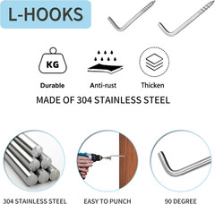 304 Stainless Steel 2 in Screw-In Hooks 20 Pcs,7 Shape Screw Hooks,Right Angle M