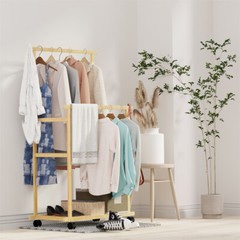 XXL Heavy Duty Bamboo Clothes Rail Garment Stand Hanging Rack with Rolling Wheel