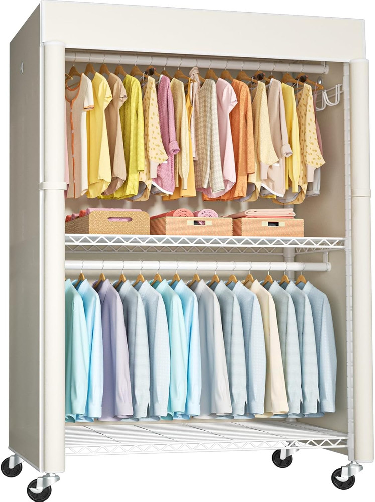 White Clothing Rack with Beige Cover & Wheels, 524 lbs Capacity, 46″ W X 80.7″ H
