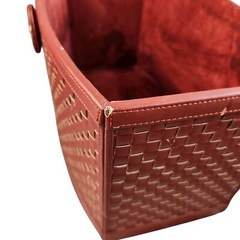Woven Faux Leather and Wood Basket With Handle – Rectangular Design Deep Red Col