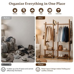 Freestanding Solid Wood Coat Rack with Wheels, 5 Hooks & 2 Shelves – Heavy Duty