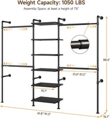T1 Wall Mounted Closet System Industrial Pipe Clothing Rack with 6 Wooden