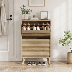 23.6-inch Mid-century Modern Freestanding Oak Wood Slim Flip-Top Shoe Cabinet