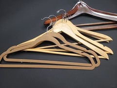 Lot – 9 Vintage Wooden & Plastic Suit Hangers – Dark Cherry & Maple Tones