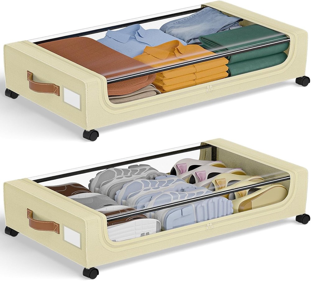 GoMaihe XXL Under Bed Storage | 2-Pack Rolling Bins with Clear Lids for Clothes