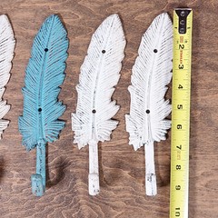 5 Large Cast Iron FEATHER Hooks Coat Hat Towel Rack Hall Tree Western Eagle 9.25