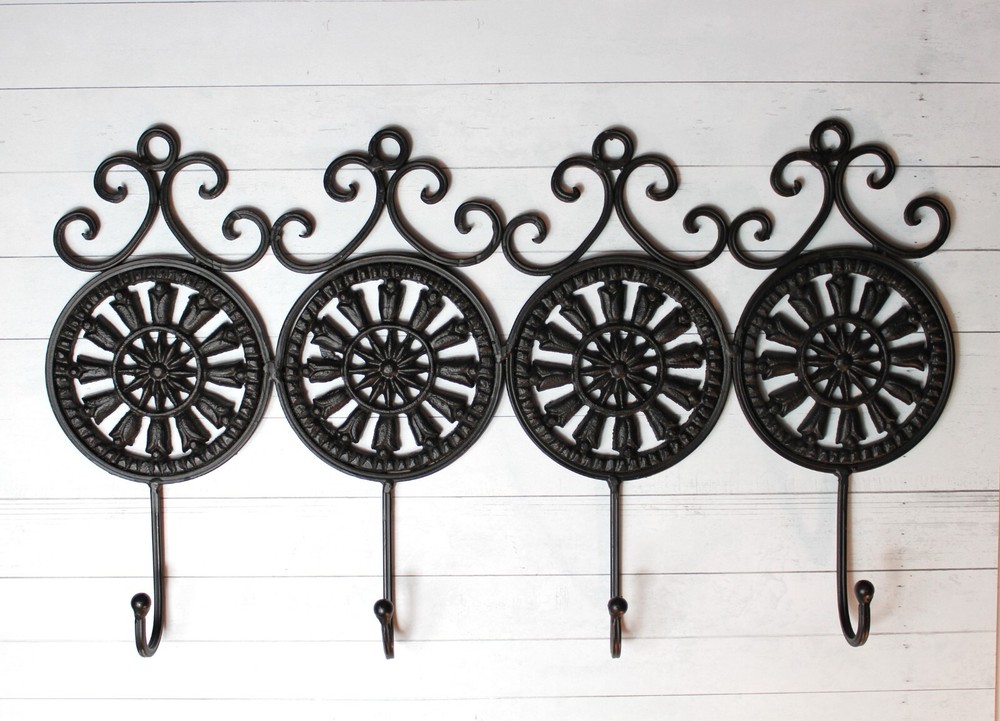Vintage Cast Iron Metal Black Medallion Wall Hooks Four on One Piece Cottage