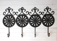 Vintage Cast Iron Metal Black Medallion Wall Hooks Four on One Piece Cottage