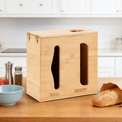 Bamboo Under Sink Organizer with Lock, 2-in-1 Trash Bag Holder & Storage Box