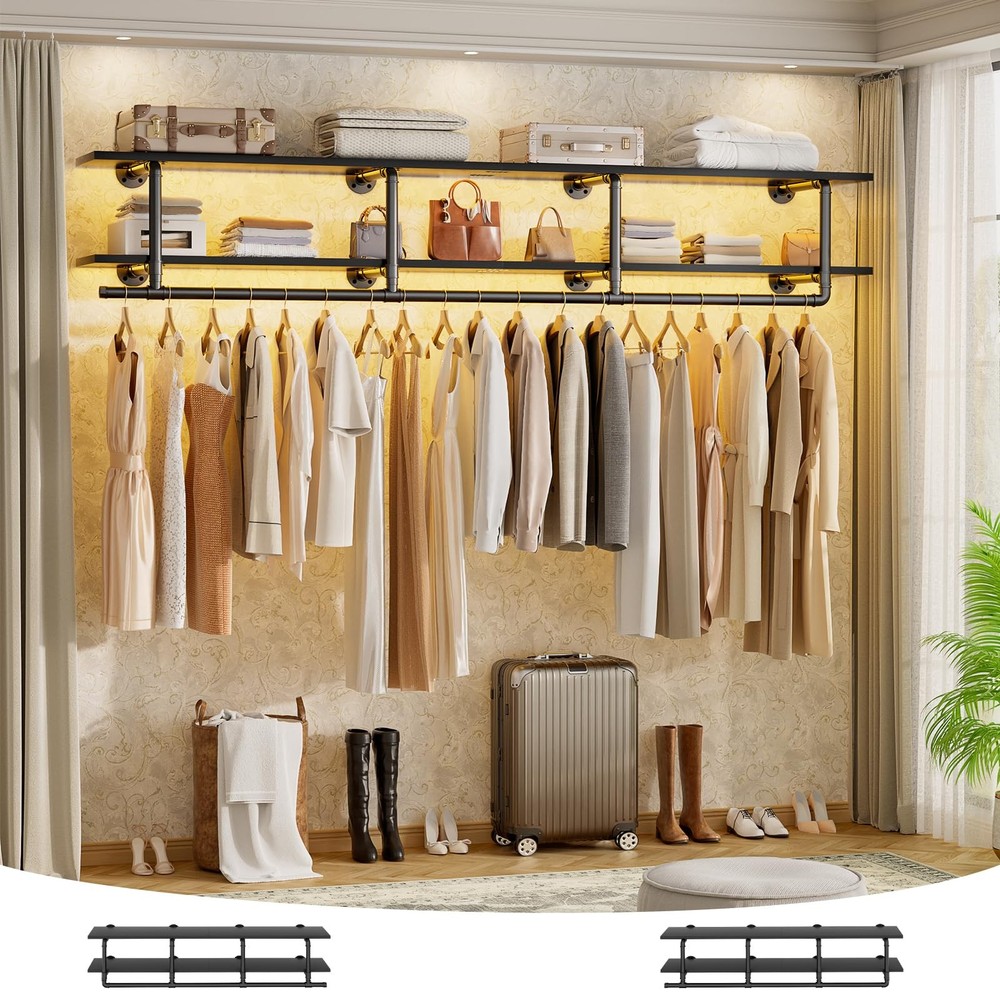 Industrial Pipe Clothes Rack with Top Shelf, 59In Space-Saving Wall Mounted C…