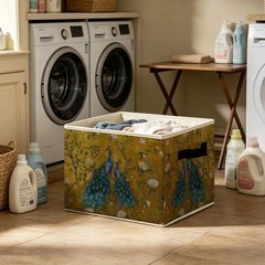 Gold Chinoiserie Floral Peacock Storage Basket Bin with Handles, Traditional …