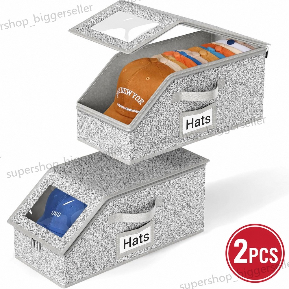 2PCS Stackable Hat Storage Organizer for Baseball Caps 24 Caps Hat Box with Lid