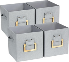 Stylish Collapsible Storage Cubes with Wood Handle – 4 Pack, Gray
