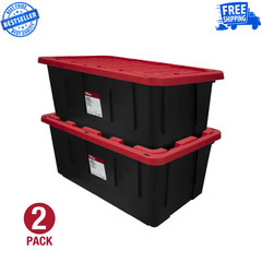 Hyper Tough 40 Gal Storage Bin Snap Lid Black Red 2 Pack Heavy Duty