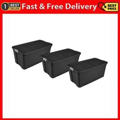 50 Gallon Stacker Tote, Extra Large Durable Plastic Bin Latch Lid Black, 3 Count