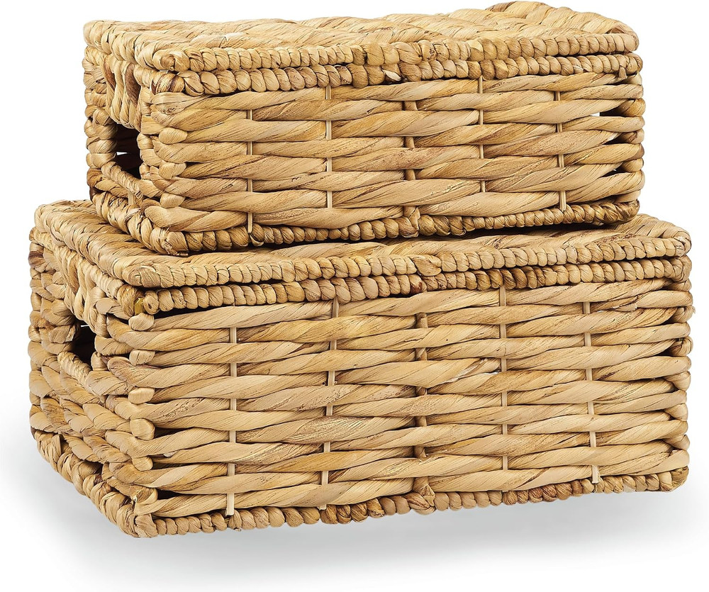Set of 2 Natural Wicker Baskets with Lids – Stylish Storage Bins