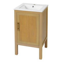 18 Inch Natural Wood Bathroom Vanity Cabinet with Ceramic Sink Adjustable Shelf