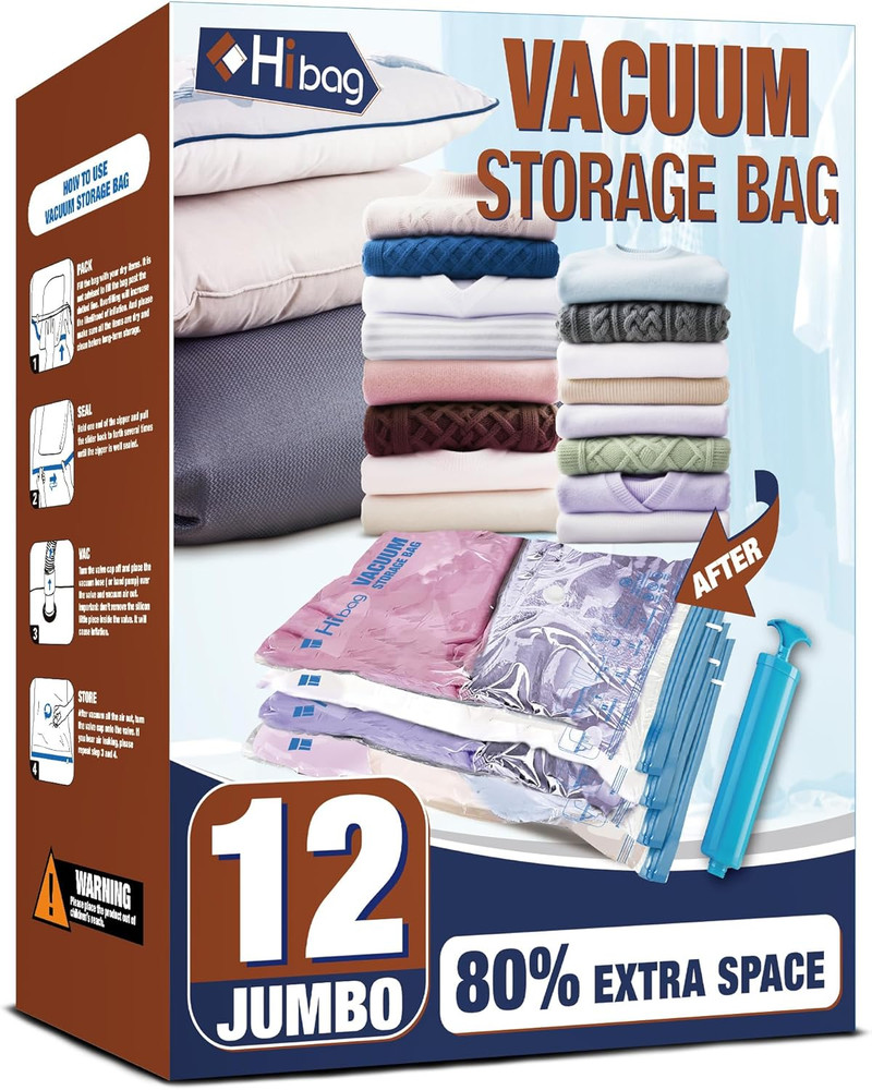 **12 Jumbo Vacuum Storage Bags XL Space Saver with Hand Pump Reusable**