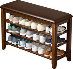 Stylish Entryway Shoe Storage Bench with Leather Cushion & Adjustable Shelves