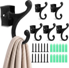 6 Pack Cast Iron Hooks Rustic Black Double Wall Hooks 35lb Capacity Farmhouse…
