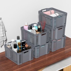 Idotry 12-Pack Large Plastic Weave Storage Basket Stackable Organizer Shelf Gray