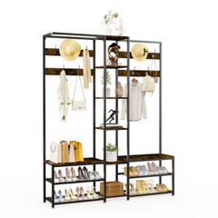 6-in-1 Entryway Hall Tree with Bench and Shoe Storage Shelves Vintage Coat Rack