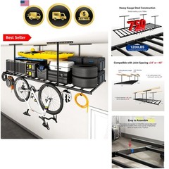 4×8 Overhead Garage Storage Rack with 6 Hooks, Adjustable Storage Organizatio…
