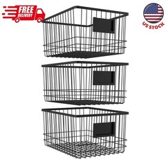 6.1×9.1×12.1 in Metal Wire Organizer Bin Basket w/ Card Holder, Black – Set of 3