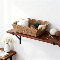 Hand Woven Scalloped Storage Baskets with Wooden Handle – Set of 2