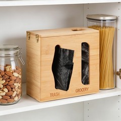 Bamboo Under Sink Organizer with Lock, 2-in-1 Trash Bag Holder & Storage Box