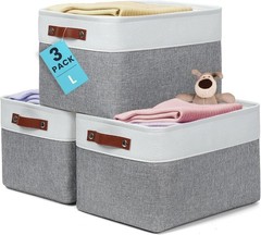 15x11in Canvas Storage Baskets 3 Pack | LARGE Fabric Bins for Shelves | Close…