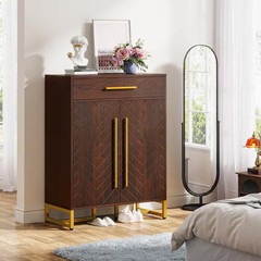 39.4 In. H X 31.5 In. W Cherry 20-Pair Shoe Storage Cabinet with Drawer and Door