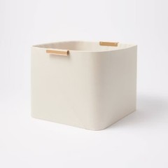Faux Leather Large Crate with Metal Handles Ivory Decorative Rectangle Basket