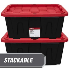 Hyper Tough 27 Gallon Large Storage Bin With Snap Lid, Black And Red, Heavy Duty